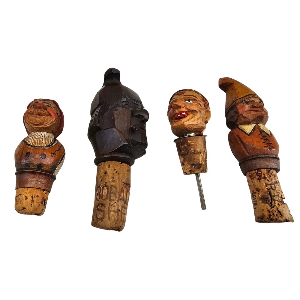 Black Forest 3 Bottle Stoppers‎ German Vtg Wood Carved 1 pourer  Good Condition